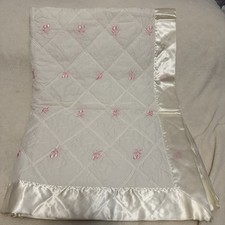 Quiltex Vintage Baby Blanket White W Pink Roses Satin Trim Quilted 48x35  