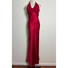 Cache Vintage Halter Dress 4 Red Satin Formal Hollywood Glam Open Ruffle Back