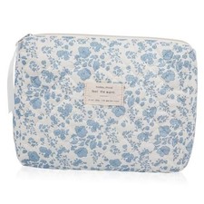 Floral Makeup Bag, Large Cosmetic Bag for Women Girls, Cute Cotton Blue Floral