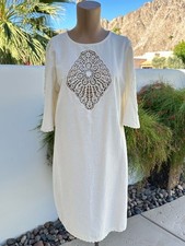 Mango Cream Crochet Appliqué Shift Cotton Linen Blend Dress
