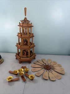Wooden German 4-Tiered Christmas Windmill Nativity Pyramid Carousel ms0