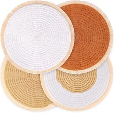 13 Inch Round Cotton Placemats Set of 4, Boho Woven Handmade Braided Heat Res...