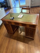 Quality English Yew Pedestal Desk & Chair | Green Leather Top | Antique Style |