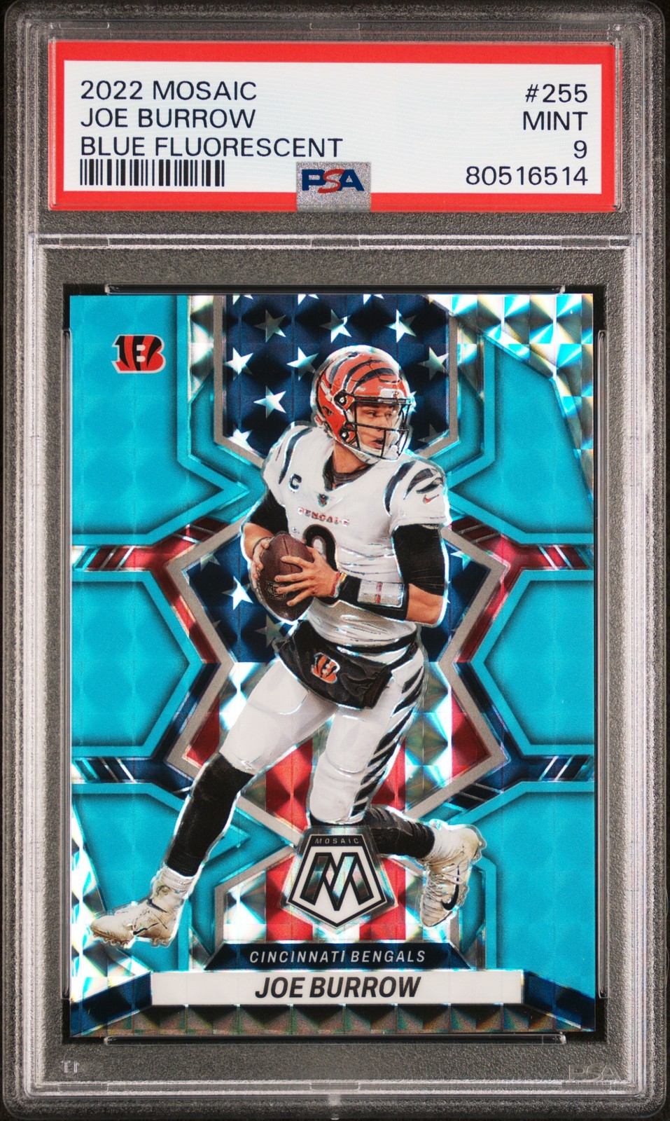 2022 PANINI MOSAIC BLUE FLUORESCENT #255 JOE BURROW 4/15 PSA 9