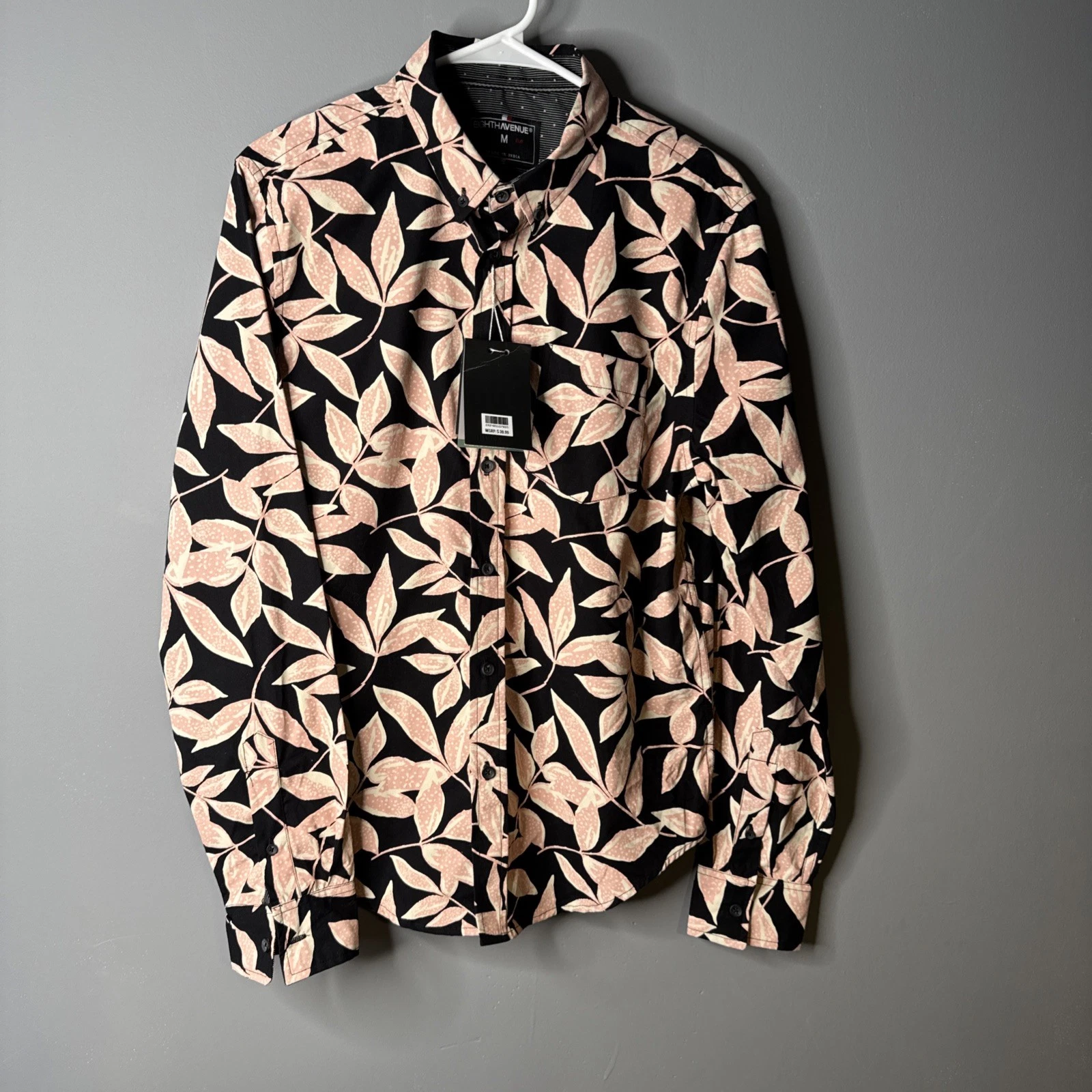 Eighth Avenue Button Up Men’s Long Sleeve Shirt Black & Pink Floral Sz Medium