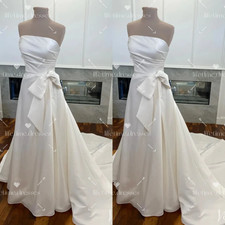 Simple Wedding Dresses Satin White Ivory Bow Sweep Train Elegant Bridal Gowns
