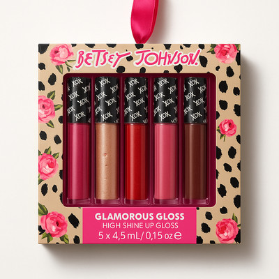 New 5pc BETSEY JOHNSON Glamorous Lip Gloss Set High Shine Colors Pink Mauve Nude