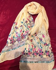 Women  s Silk Chiffon Rectangle Scarf Beige Multicolor Floral Embroidered