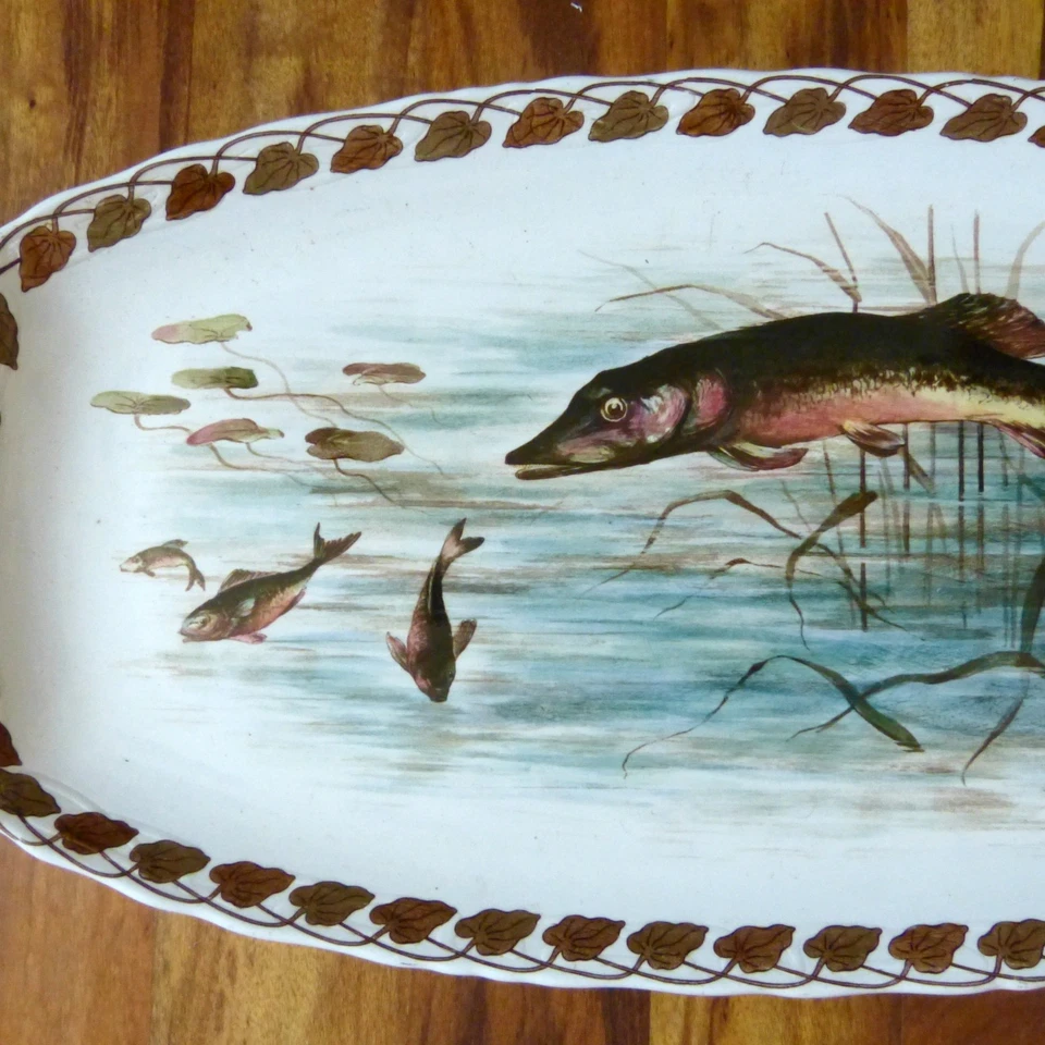 WÄCHTERSBACH GROSSE FISCHPLATTE UM 1900 JUGENDSTIL DEKOR NR. 1397  L 61 CM - Bild 3 von 4