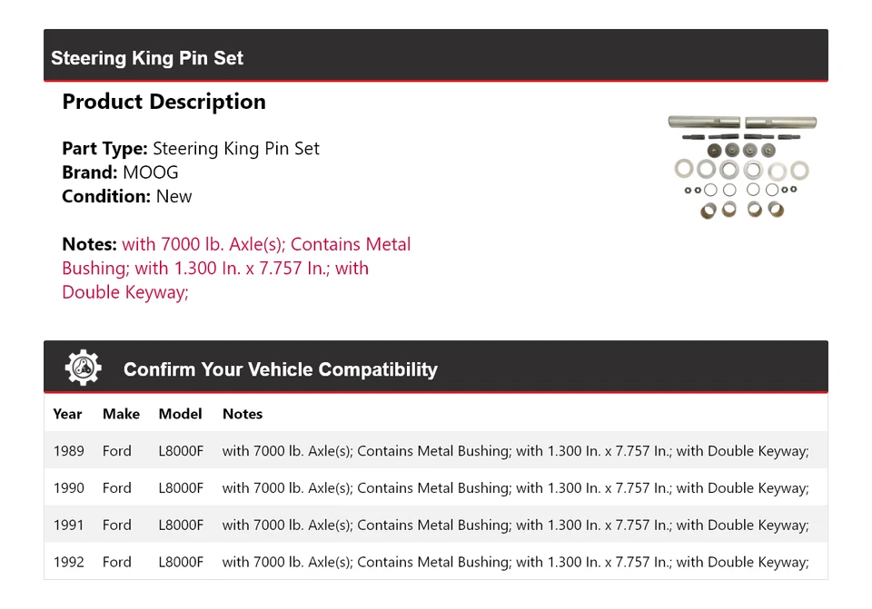 Juego de pasadores de dirección para Ford L8000F 1989-1992 MOOG 1989 1990 1991 1992 Foto 2 de 3
