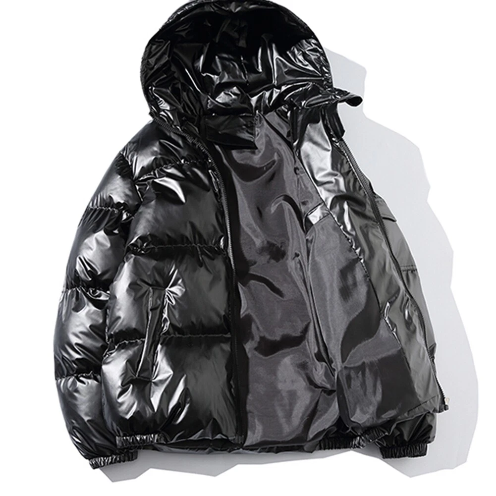 Men s Shiny Winter Wram Zip Coat Hooded Cotton Bubble Puffer