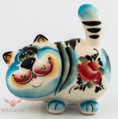 Lazy Cat cartoon Russian Collectible Gzhel style Colorful Porcelain Figurine