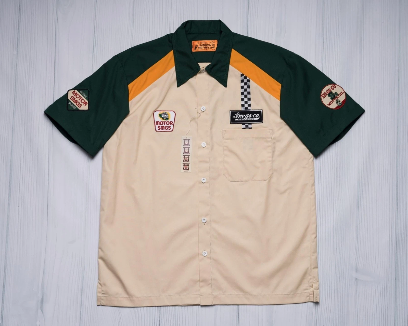 Samurai Jeans Two Tone Beige Green Short Sleeve Work Shirt L Runs Small SMGS22