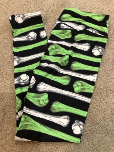 LuLaRoe Bones Skeleton OS Leggings Halloween Creepin It Real HTF NWT Green White - 第 1/3 張圖片