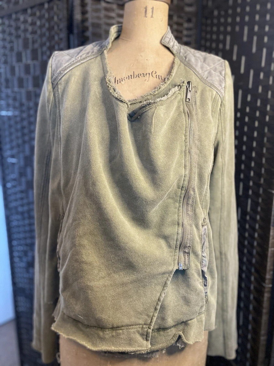 Free People Womens Large Army GreenDistressed Cotton Shrunken Moto