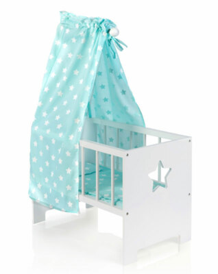 Puppenbett mit Himmel Sternchen aus Holz (Weiß-Mint)