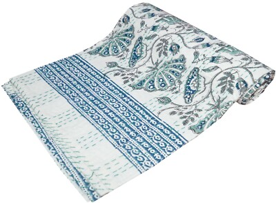 Twin Cotton Kantha Quilt Floral Print Indian Bedspread Blanket Cotton Quilts 
