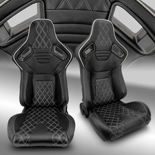 2 X Reclinable Pvc Leatherwhite Strip Leftright Racing Bucket Seats Slider 2 X Reclinable Pvc Leatherwhite Strip Leftright Racing Bucket Seats Slider