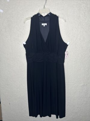 NWT Jones Studio Black Fit & Flare Vneck Sleeveless Dress 18W Shirred Waist NICE