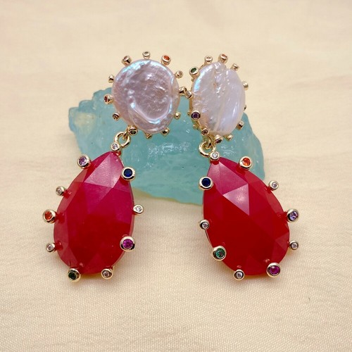 Cultured White Coin Pearl Red Jade Cz Pave Teardrop Dangle Earrings Jewelry Gift - Picture 6 of 6