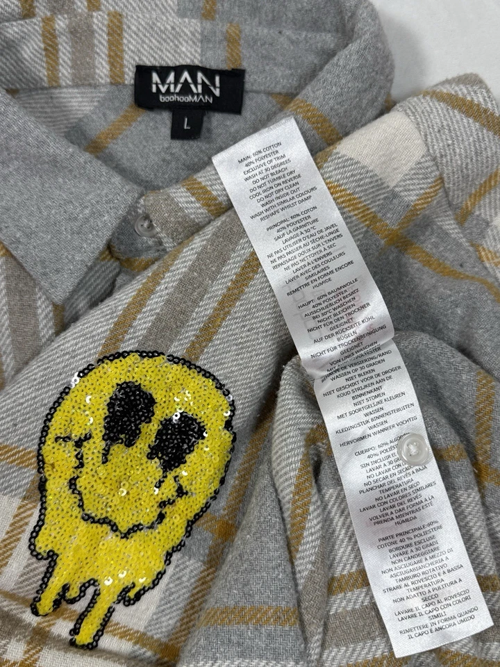 Boohoo человек L негабаритный серый/коричневый фланелевая рубашка улыбка лицо открытый Gorpcore работы - Изображение 2 из 4