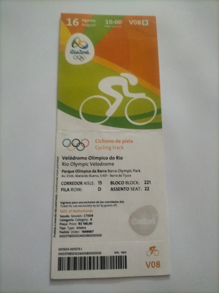 Used Ticket Olympic 16.08. 2016 Rio Olympia V08 Cyling Track - Bild 1 von 1