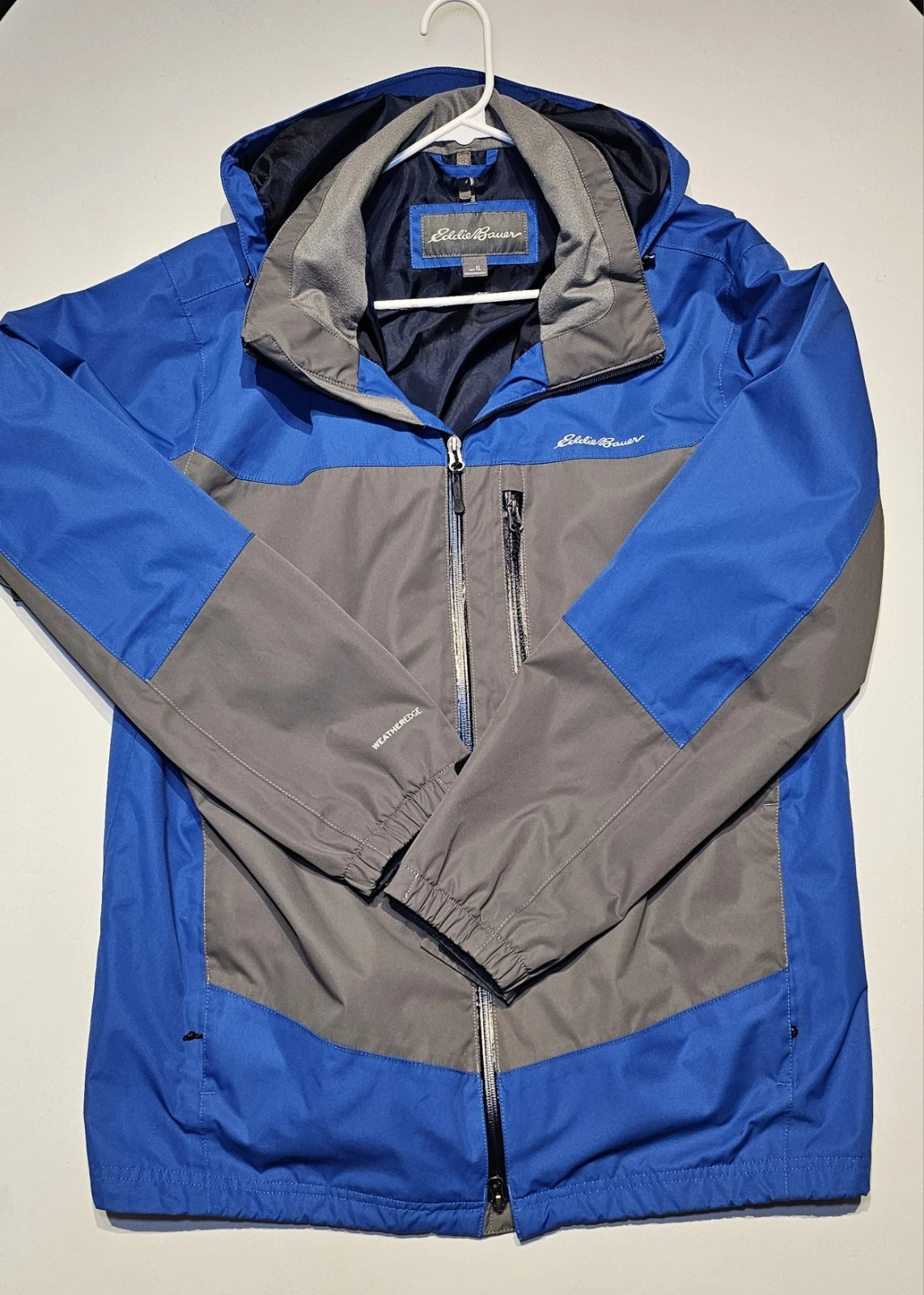 Eddie Bauer Jacket Mens XL Blue Gray WeatherEdge Waterproof Hooded Outdoors Coat