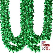 39.3FT St.Patrick's Day Tinsel Garland Shamrock Clover Metallic Tinsel Green