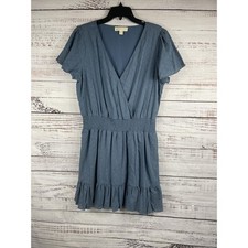 Michael Kors Dress Women's XL Blue Eyelet Short Sleeve Smocked Waist Ruffle Hem