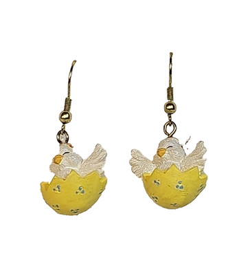 Easter Themed Dangle Earrings 3D Resin Hatching Chicks Blue Polka Dot Yellow Egg