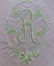 Vgt R Monogram Mint Green Embroidery White Cotton Hankie Handkerchief