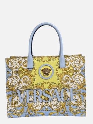 Versace Women's Blue La Medusa Large Barocco-Print Logo Canvas Tote Bag