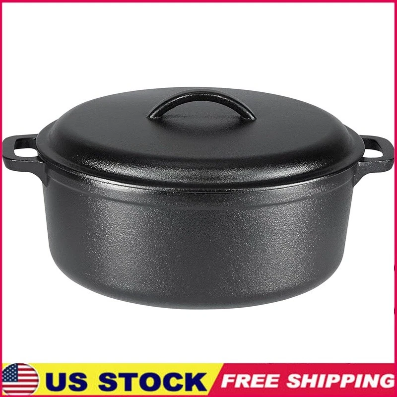 Pre-Seasoned 7QT Cast Iron Dutch Oven W/ Side Handles Even Heat Retention New