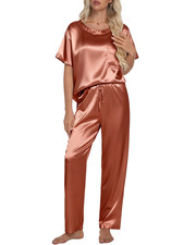 Womens Silk Satin Pajama Shirt with Long Pajamas Pant Set S-XL, Caramel, XXL