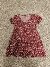 Wild Fable Women Maroon Floral Mini Dress Puff Sleeves Casual Dressy Tiered - M