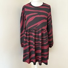 New Look Skater Dress UK 14 Office Workwear Burgundy Black Animal Print Autumnal