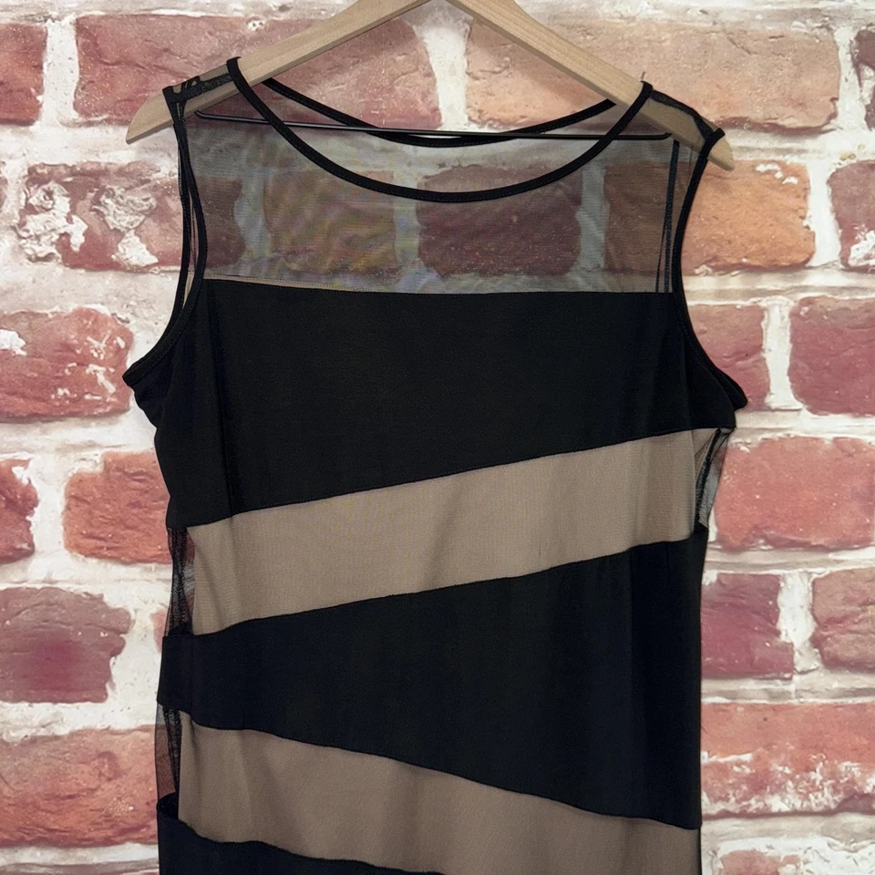 Vestido R&M Richards para mujer 12P negro tostado rayas abstracto malla transparente cremallera Foto 3 de 4