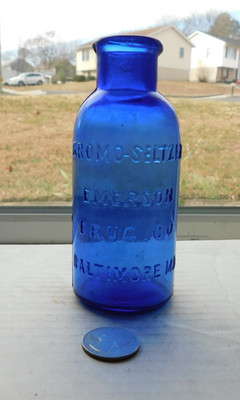 BLUE LARGE MEDICINE EMBOSSED, BROMO SELTZER, EMERSON DRUG CO, BALTIMORE