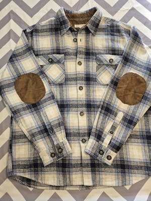 Basic Options Shaket Suede Elbow Patch Flannel Shirt Sz XL Blue Brown Plaid NICE