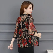 Lady Flower Printing Cardigan Hollow Mesh Cropped Top 3/4 Sleeve Sun Shirt Thin