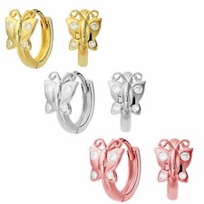 Tiny Butterfly Round Huggie Hoop Earrings In Sterling Silver With Cubic Zirconia