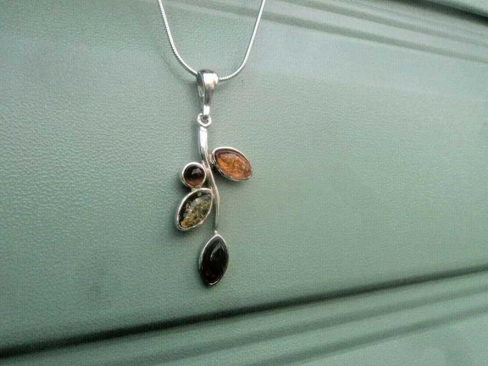 Argento Sterling E Ambra Moderno Floreale Ciondolo Collana C 2000s + Snake - Immagine 3 di 4