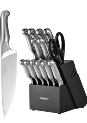 ENOWO 14 Piece Chef Knife Set with Wooden Block, German Stainless Steel, NEW