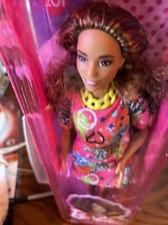 BARBIE Fashionistas Doll #201 Brown curly hair Good Vibes Dress HJT00 NEW