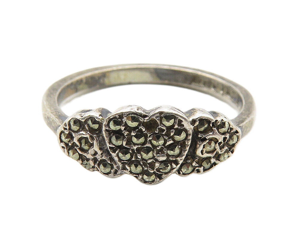 925 Sterling Silver Vintage Marcasite Heart Dark Tone Band Ring Sz