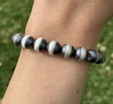 10mm 7 Inch Stretch Sterling Silver Oxidized Pearls Bead Bracelet Southwestern