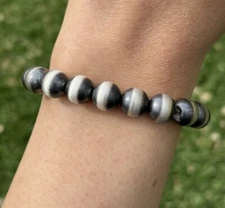 10mm 7 Inch Stretch Sterling Silver Oxidized Pearls Bead Bracelet Southwestern