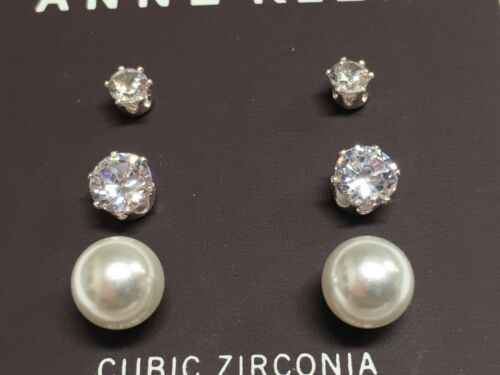 3 Anne Klein Faux Pearl CZ Stud Silver Plated Earrings 4,6.5,8 mm P844 - 第 1/4 張圖片