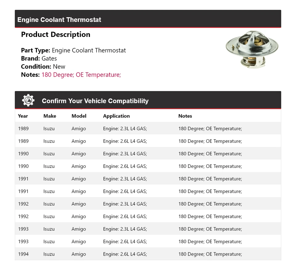 For 1989-1994 Isuzu Amigo Engine Coolant Thermostat Gates 1990 1991 1992 1993 - Image 2 of 4