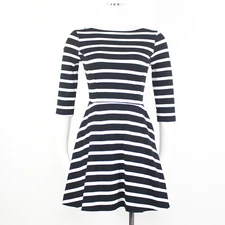 Three Dots Size Small Dress Black White Stripe Boat Neck 3/4 Sleeves Fit Flare N